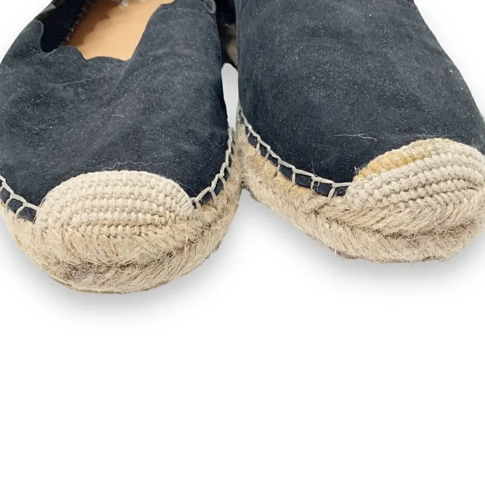 Crown Vintage Brae Espadrille Platform Slip-On Black Suede Scalloped Trim Sz 7.5